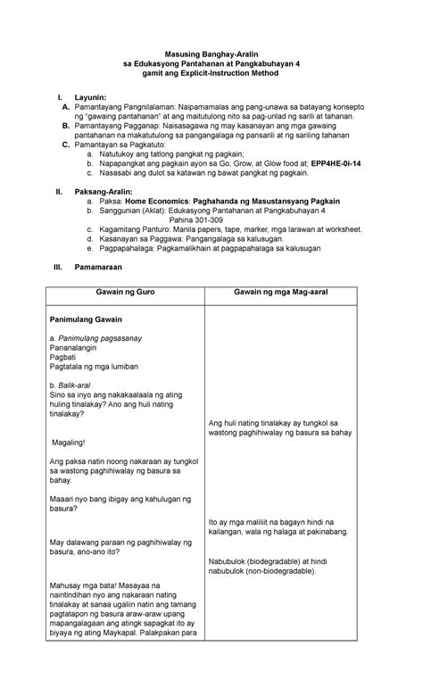 Lesson Plan Epp Masusing Banghay Aralin Sa Edukasyong Pantahanan At