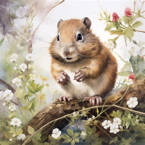 Premium Ai Image Charming Gerbil Painting With Cherry Blossoms By