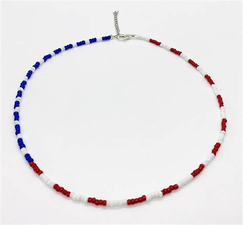 Red White Blue Flag Beaded Necklace Choker Necklace Seed Bead Necklace Mini Seed Bead