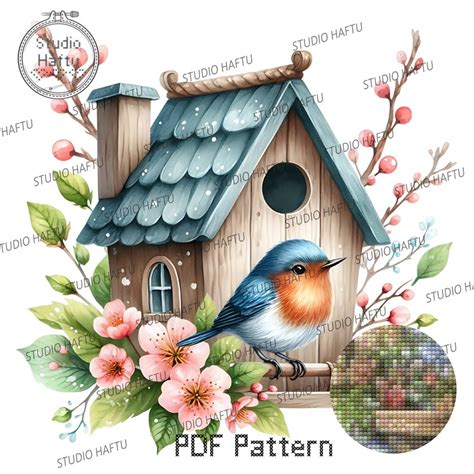 Birdhouse Cross Stitch Pattern With Bird And Flower Details Counted