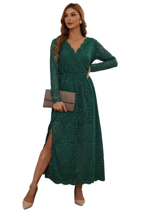 Long Sleeve V Neck Lace Maxi Dress With Split Alelly