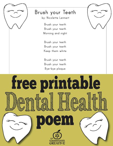 Free Printable Dental Health Month Poem For Preschool Kindergarten