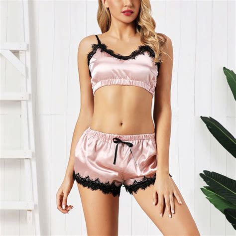 Sexy Pink Satin Spaghetti Strap Camisole And Panty Lace Trims Lingerie