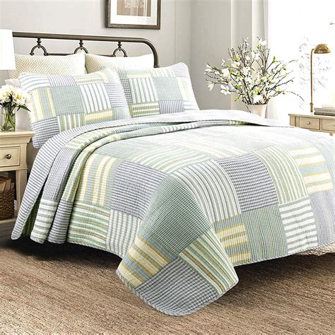 Cozy Line Fresno Green Stripe Real Patchwork 100 Cotton Quilt Set Twin Set