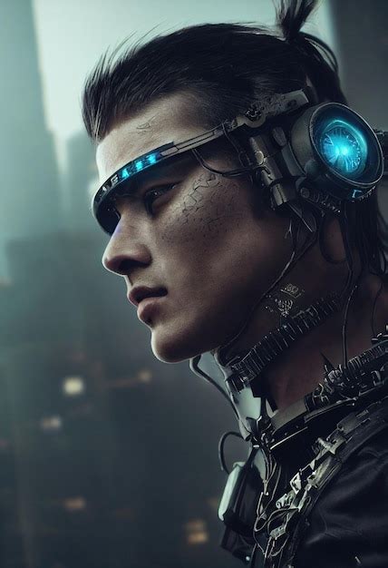 Um Retrato Realista De Um Homem Usando Um Fone De Ouvido Cyberpunk E