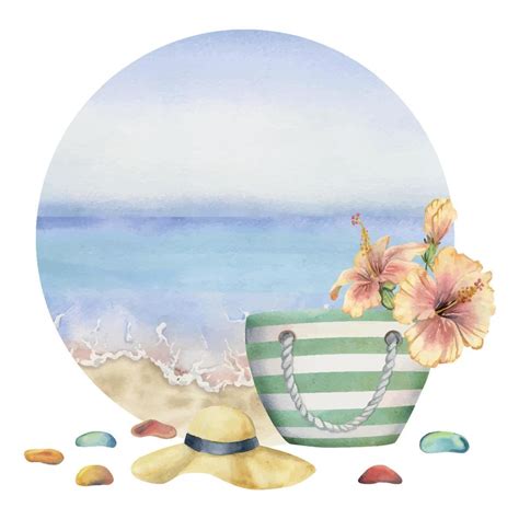 Hand Drawn Watercolor Composition Seascape With Beach Bag And Hat Sea