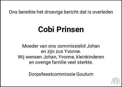 Cobi Prinsen Van Der Mei 05 10 2023 Overlijdensbericht En Condoleances