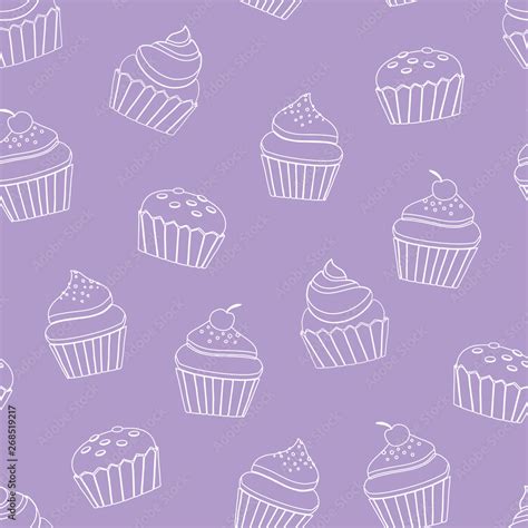 Vector Seamless Pattern Purple Cupcake Line Art Background Design Stock