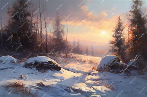 Premium AI Image | A painting of a snowy landscape with a sunset in the ...