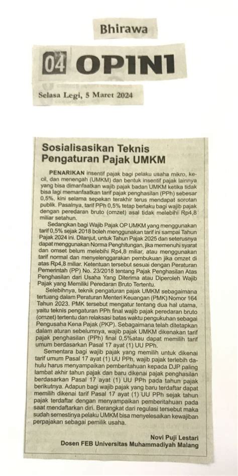 Sosialisasi Teknis Pengaturan Pajak UMKM Bhirawa UMM Dalam Berita