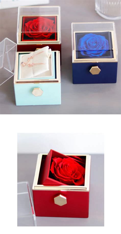 Rotating Eternal Rose Box Double Heart Engraved Flower Necklace Gift