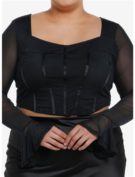 Cosmic Aura Black Corset Mesh Girls Long Sleeve Crop Top Plus Size