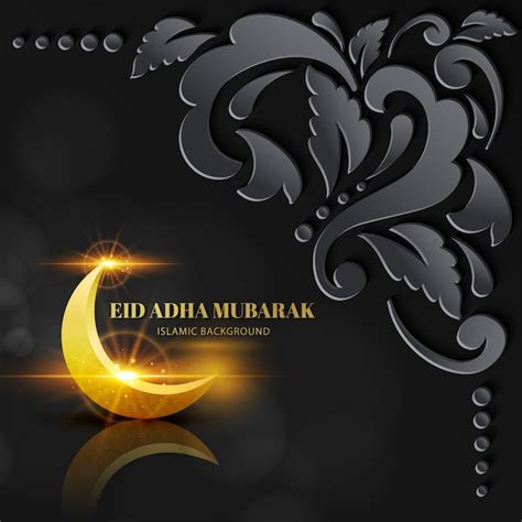 Tarjeta de felicitación de eid adha mubarak en oro negro con diseño