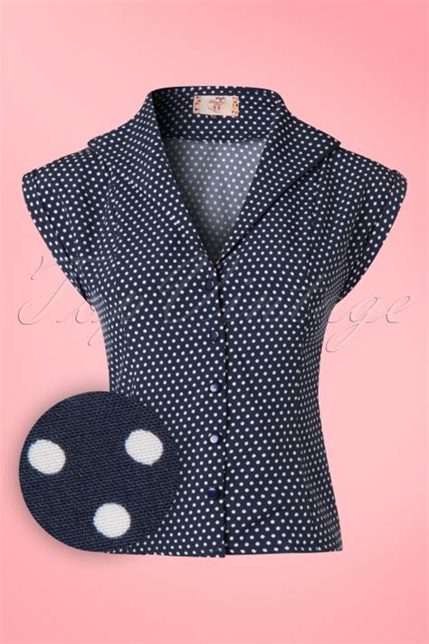 50s Lovely Day Polkadot Blouse In Navy And White