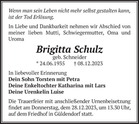 Traueranzeigen von Brigitta Schulz Märkische Onlinezeitung Trauerportal