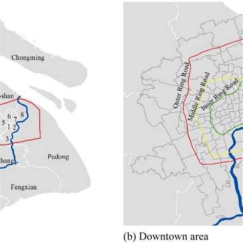 Shanghai at district level (a) and downtown area at sub district level (b) | Download Scientific ...