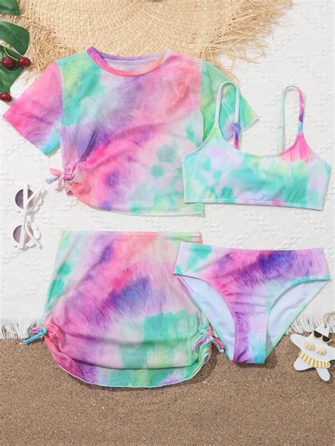 Niñas 4 piezas Bañador bikini de tie dye con cordón lateral Moda de