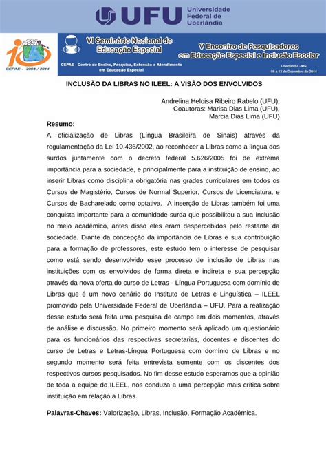 PDF INCLUSÃO DA LIBRAS NO ILEEL A VISÃO DOS INCLUSÃO DA LIBRAS