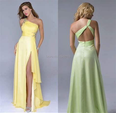 Sexy Open Black Beaded Yellow Lime Green One Shoulder Chiffon Prom Dresses Evening Gowns 2017