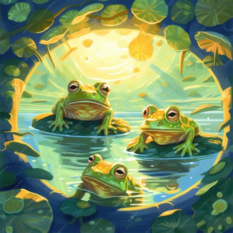 Premium AI Image | A painting of three frogs in a pond with leaves ...