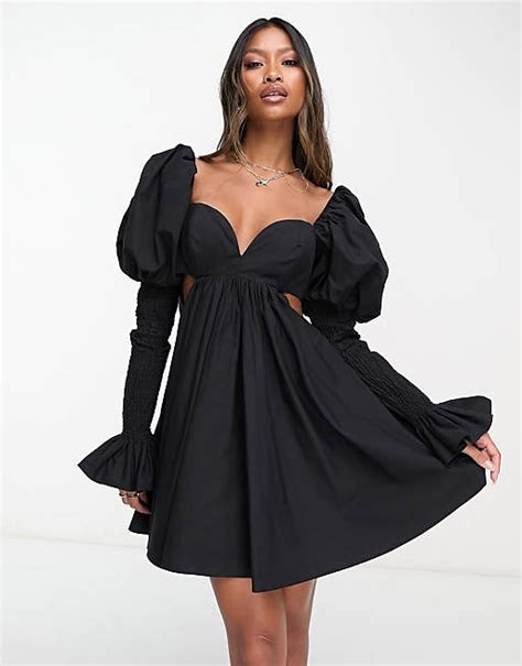 Asos Luxe Poplin Shirred Puff Sleeve Mini Dress In Black Asos