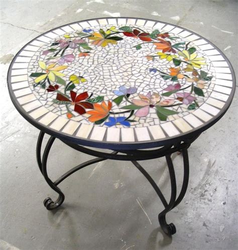 Mosaic Table Floral Pattern Custom Stained Glass Inlaid Iron Furniture