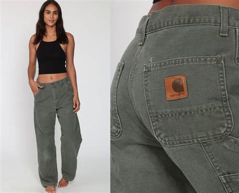 Carhartt Pants 90s FLANNEL LINED Green Workwear Work Pants Army Jeans