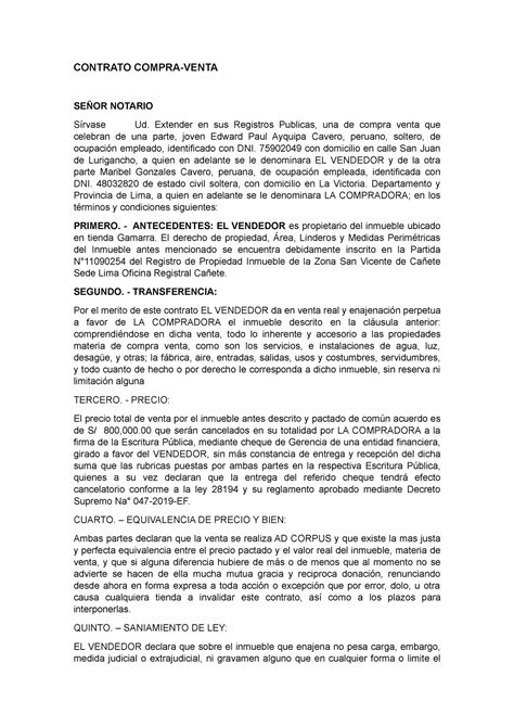 Contrato Compra Venta Inmueble Contrato Compra Venta Se Or Notario