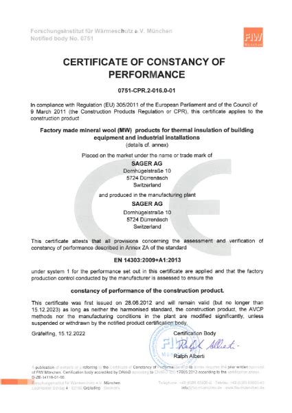 Certificate Of Constancy Of Performance Saglan Ins Acoustics Limited