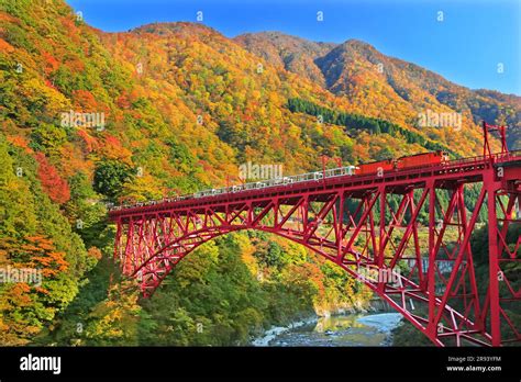 Kurobe Gorge And Kurobe Gorge Trolley Car In Autumn Leaves Stock Photo