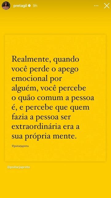 Preta Gil faz reflexão sobre apego emocional e web aponta indireta