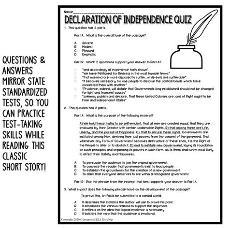 The Declaration Of Independence Quiz Reading Comprehension Questions