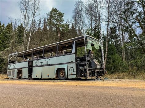 Un Vieux Bus Gris Est Abandonné Sur Une Route Dans Les Bois Paysage