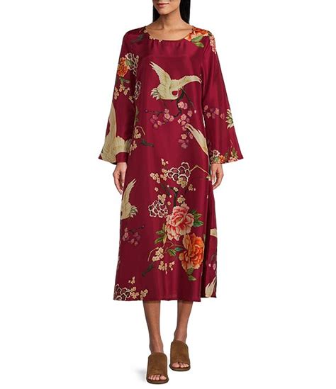 Bryn Walker Silk Printed Calista Round Neck Long Flare Sleeve A Line