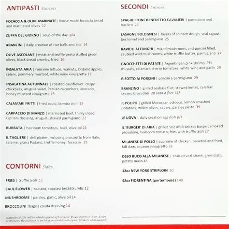 Menu at Aria restaurant, Toronto, 25 York St