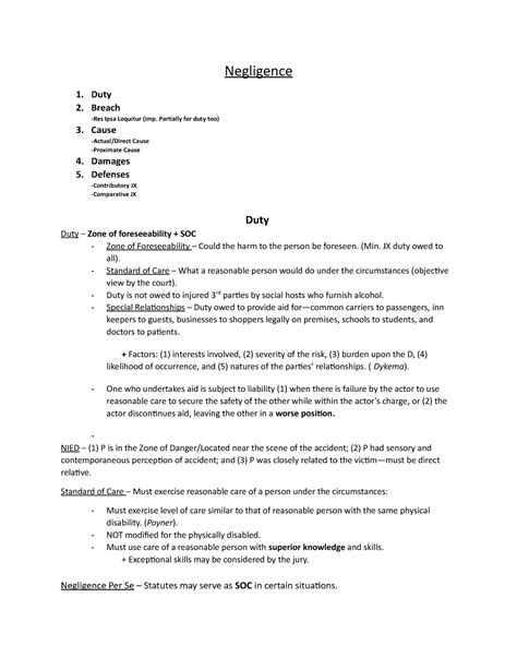 Torts Oultine Good Stuff Negligence 1 Duty 2 Breach Res Ipsa