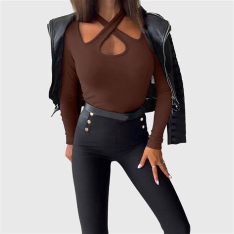 Womens Sexy Halter Neck Tops Slim Fit Criss Cross Long Sleeve T Shirt