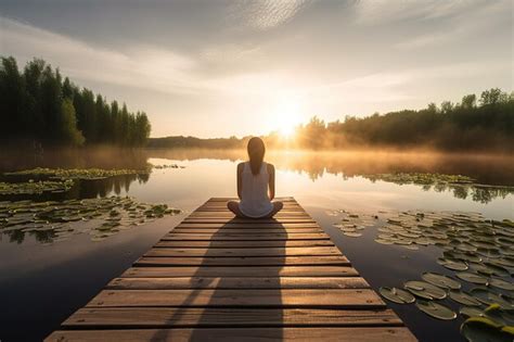 Una Mujer Se Sienta En Un Muelle Mirando La Puesta De Sol Sobre Un Lago