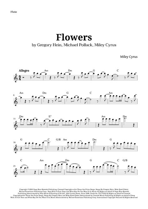 Flowers Arr Langanho Sheet Music Miley Cyrus Flute Solo