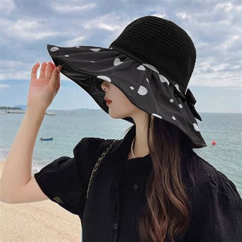 Qoo10 Womens Resort Wide Brim Black Polka Dot Bucket Hat Blackout Sun Cap Accessories