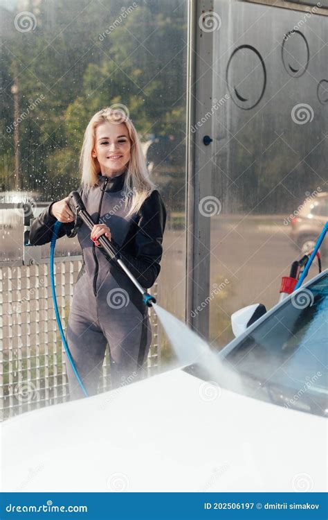 Beautiful Blonde Woman Washes White Car At Car Wash Stock Image Image Of Caucasian Model
