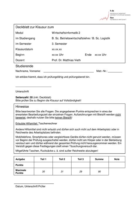 Lösung zur Musterklausur Wirtschaftsinformatik 2 Deckblatt zur