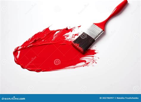 Paint Brush Stroke With Dripping Red Paint On White Top View Of