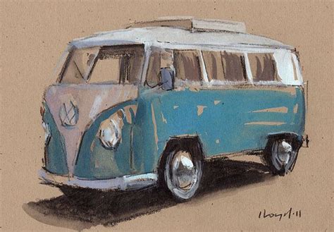 Original Painting Vw Bus Hippie Retro Vintage Auto Kombi Watercolor