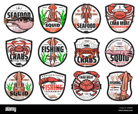 Sea Fishing Vector Icons For Seafood Restaurant Fishing Club Catch