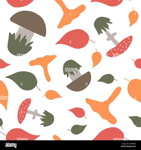 Seamless Pattern With Mushrooms And Leaves Endless Repeatable Nature