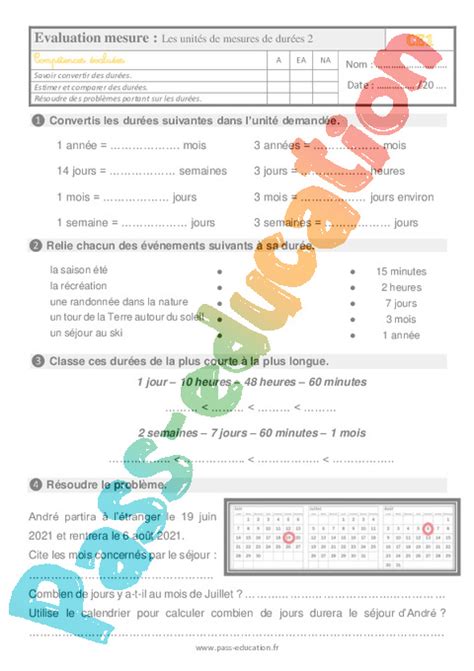 Les Unit S De Mesures De Dur Es Valuation Bilan Eme Primaire