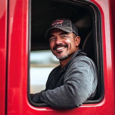 Happy Male Truck Driver Inside His Red Cargo Truck Premium Ai