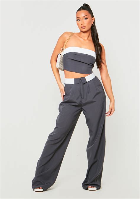 Gracie Charcoal Fold Over Waist Wide Leg Trousers Missyempire