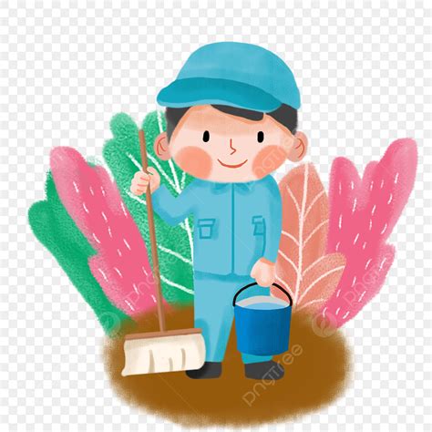 Cleaner Cartoon Worker Housekeeping Sanitation Worker Blue Uniform